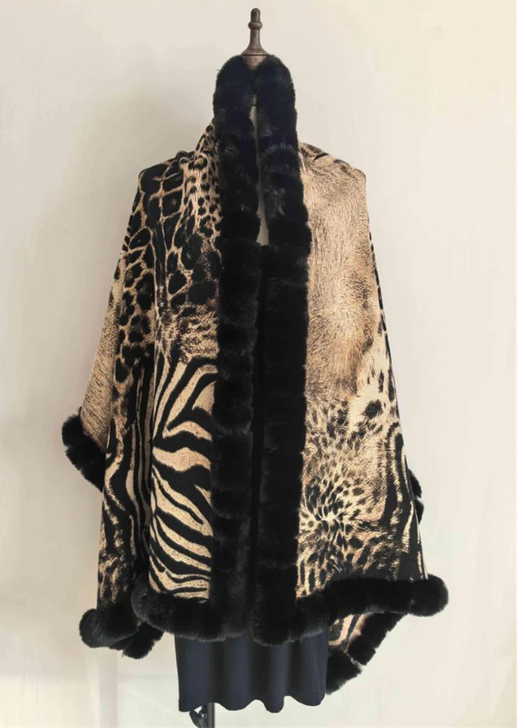 Mixed Animal Print Faux Fur Trim Wrap