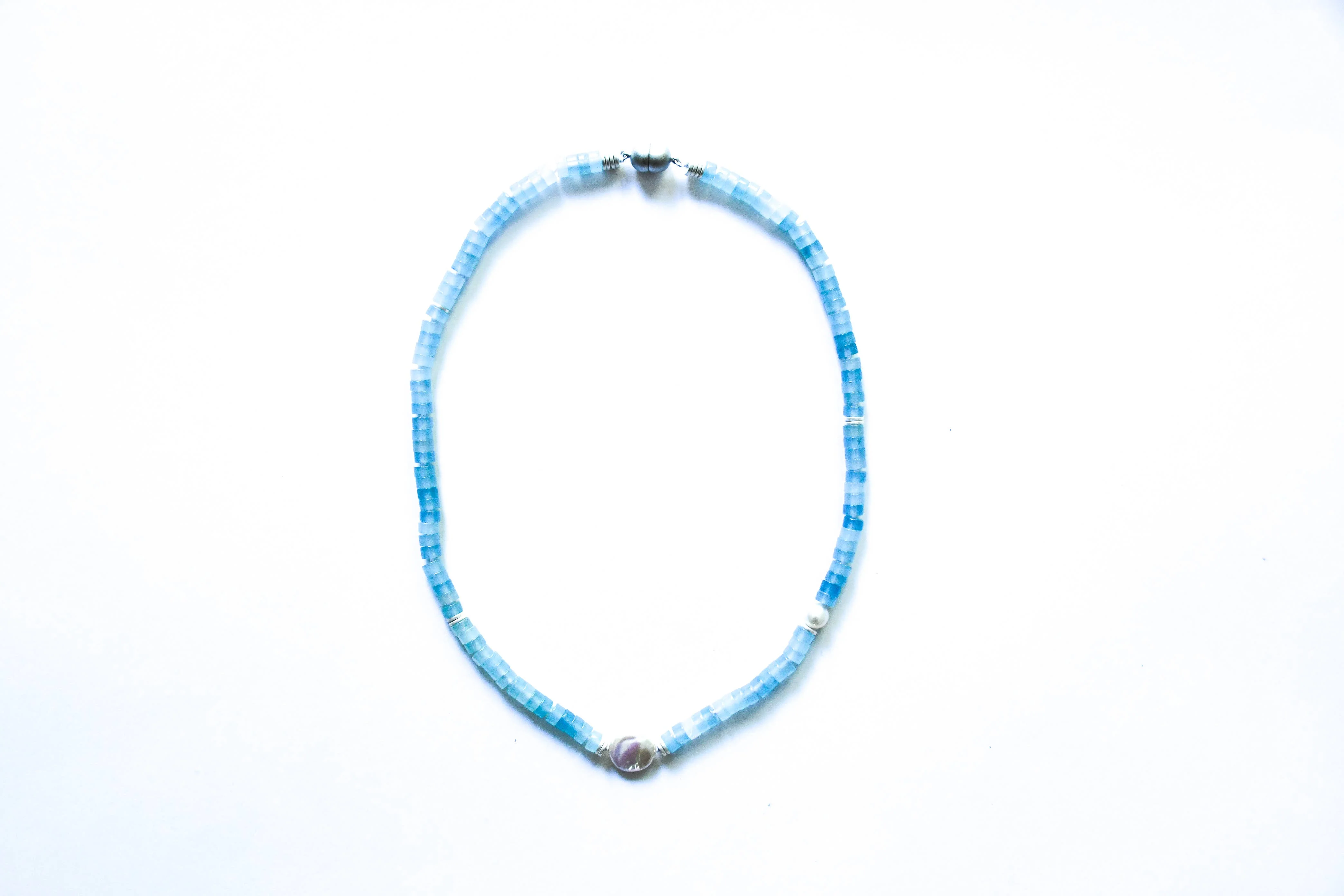 Aqua Quartz Beaded Necklace with Coin Pearl - Image 2