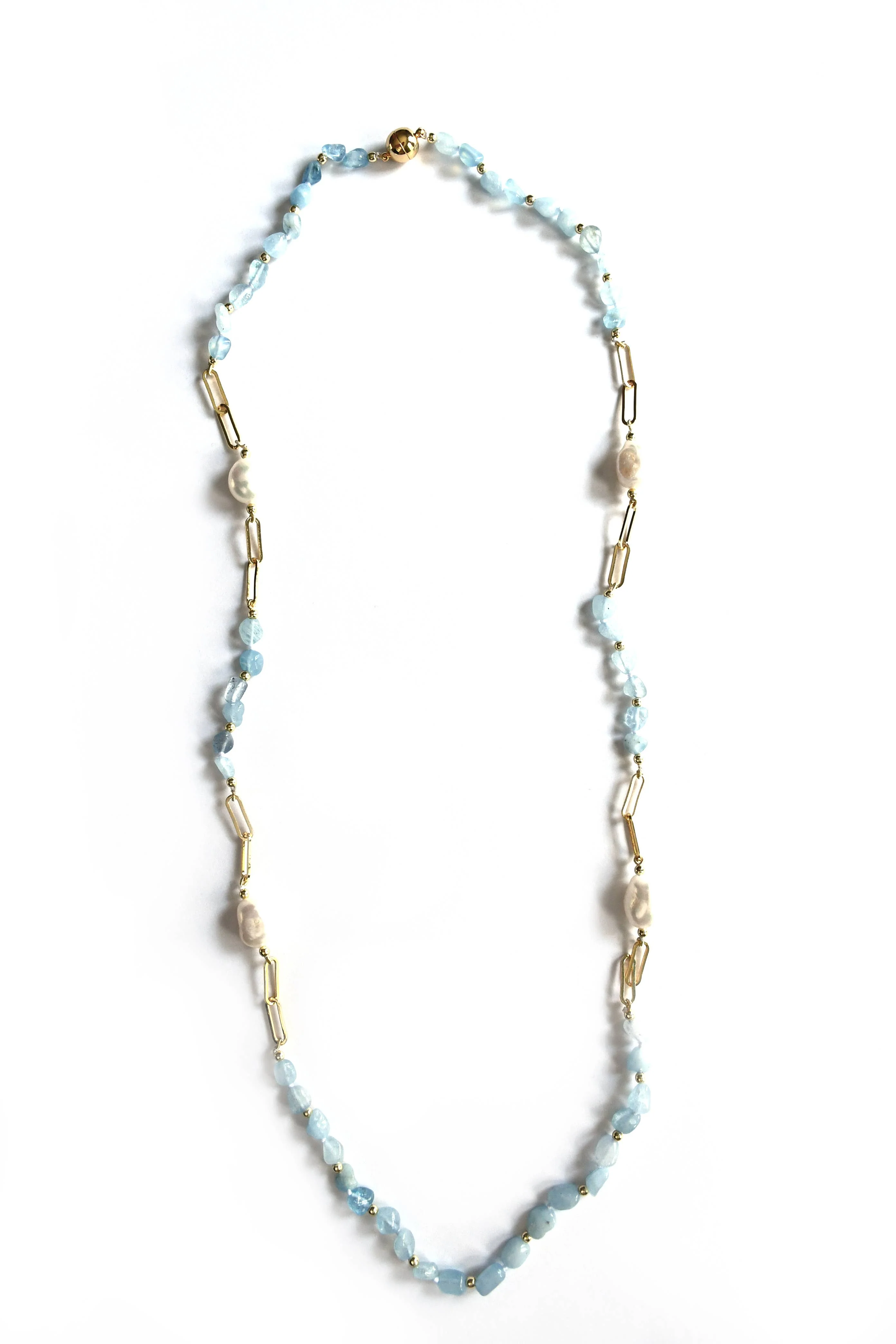 Aquamarine Gold Beads Necklace on Paperclip Chain