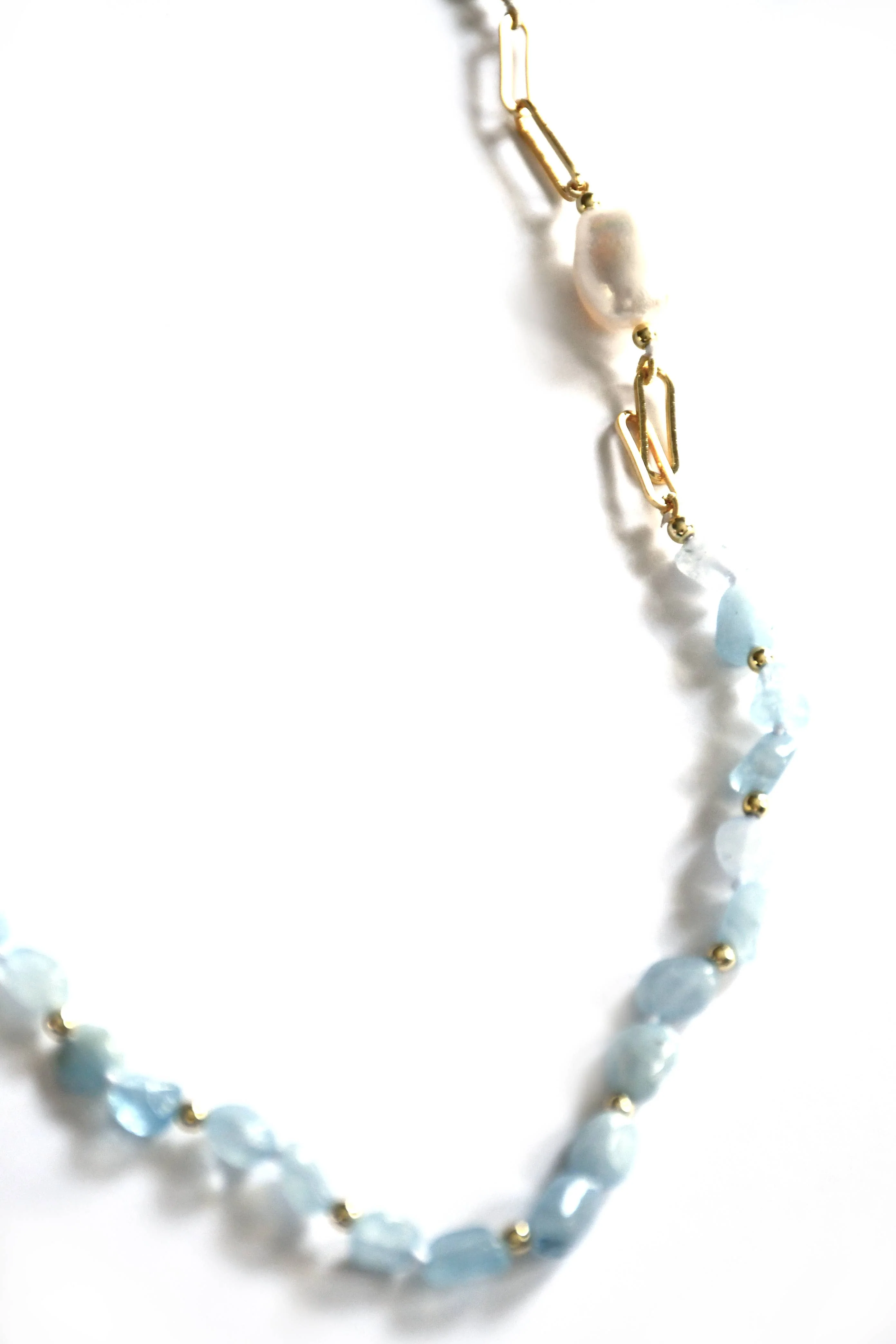 Aquamarine Gold Beads Necklace on Paperclip Chain - Image 2