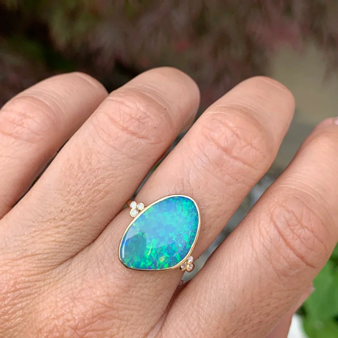 Australian Opal w/ Daimond Clusters Ring - Image 3