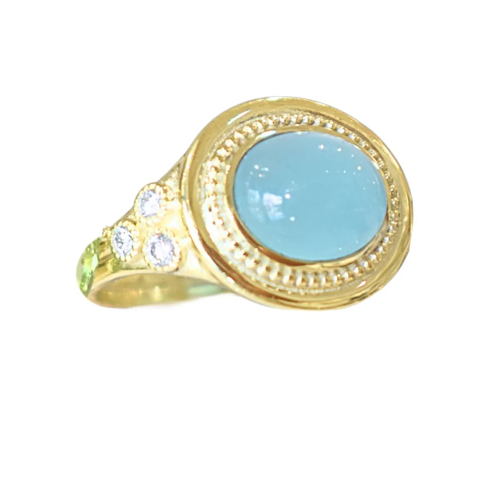 Blue Green Chalcedony with Diamonds Ring