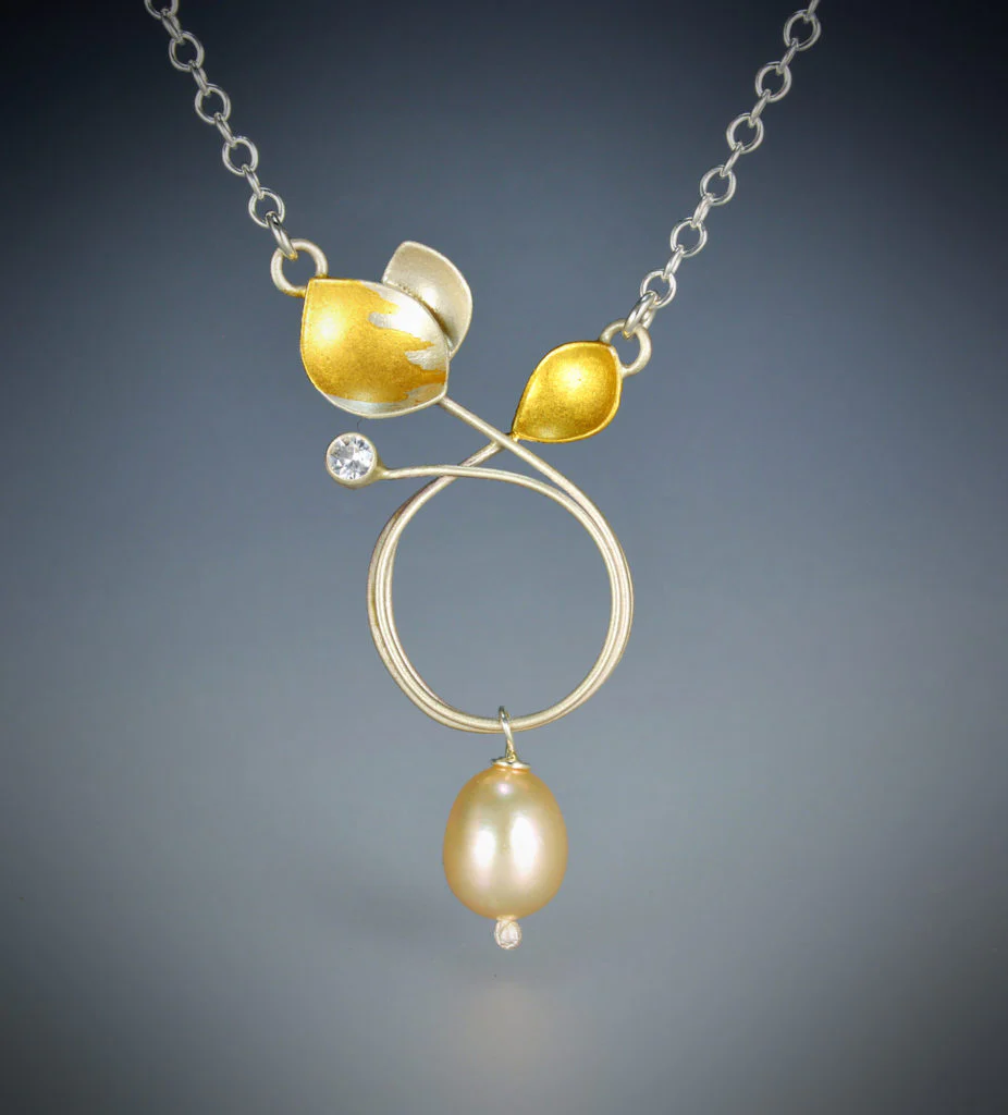 Circle Leaf with Diamond and Pearl Drop Necklace - Image 2
