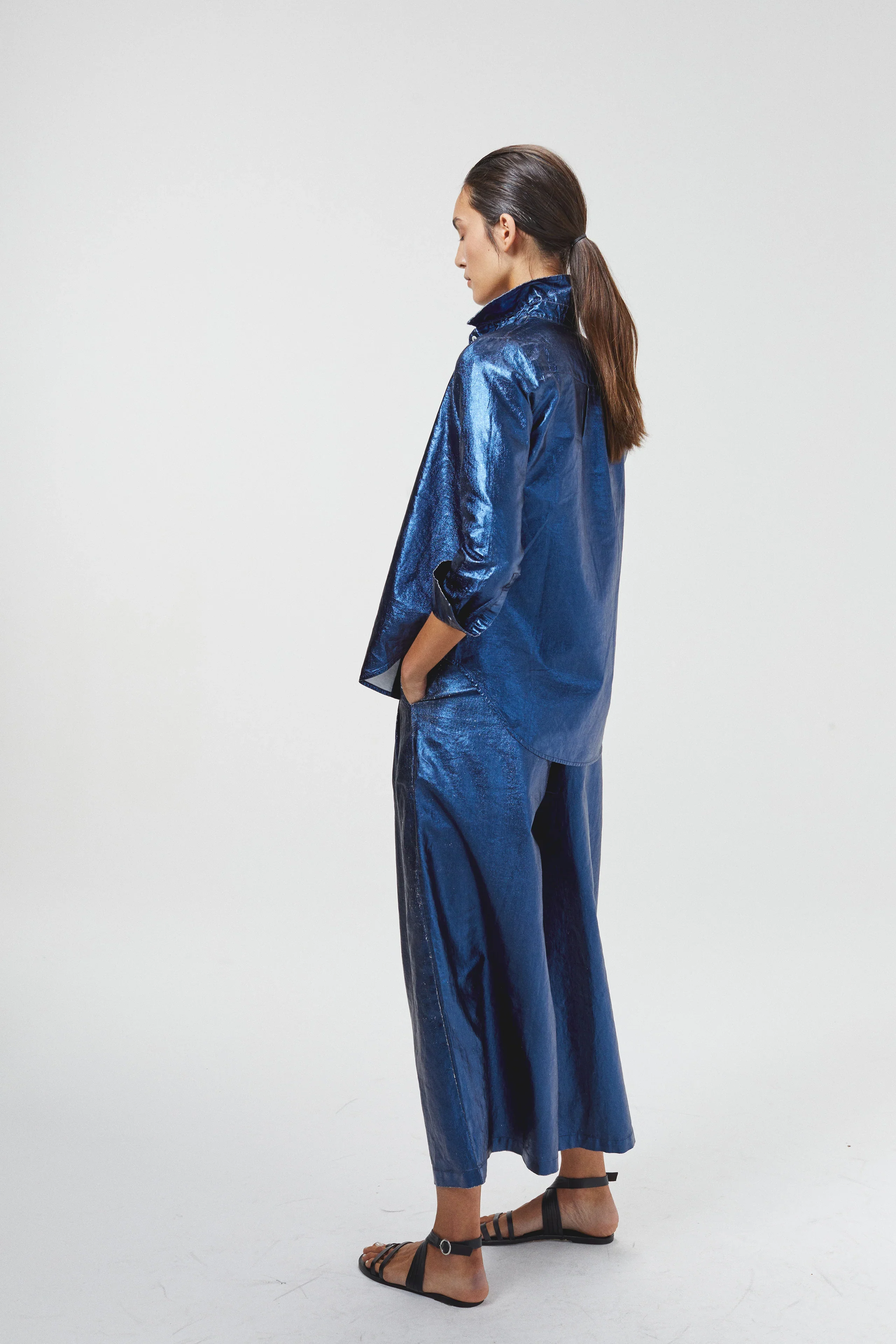 Culotte Metallic Linen Pants - Navy - Image 2