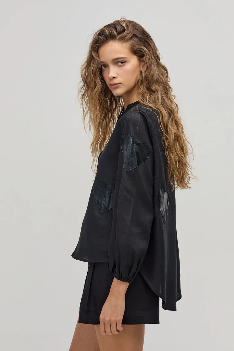 Cupid Linen Shirt- Black with Black Hearts - Image 2