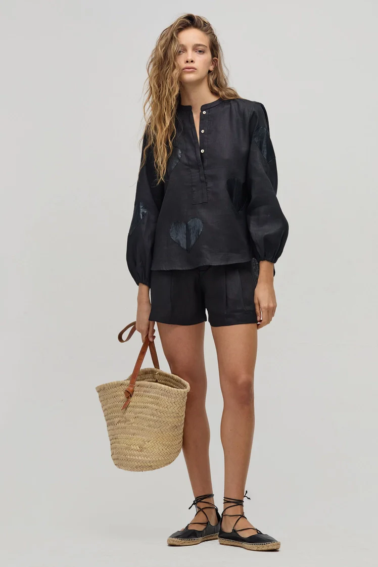 Cupid Linen Shirt- Black with Black Hearts - Image 4