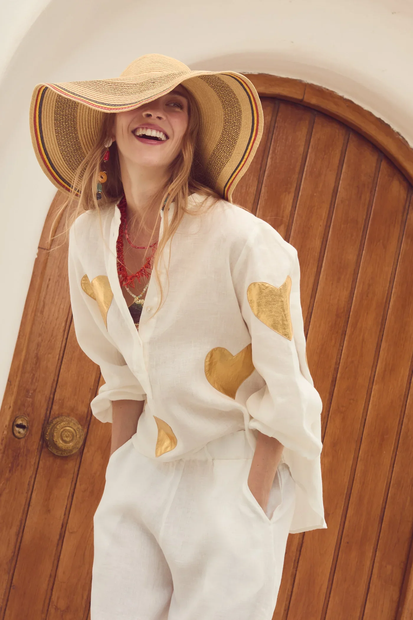 Cupid Linen Shirt- White w/ Gold Hearts - Image 3