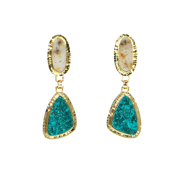 Drusy Chrome Dioptase and Drusy White Quartz Cabochon Earrings