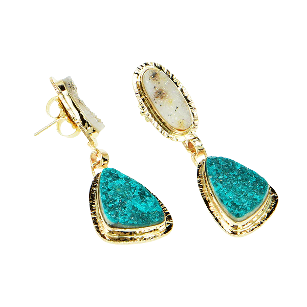 Drusy Chrome Dioptase and Drusy White Quartz Cabochon Earrings - Image 2