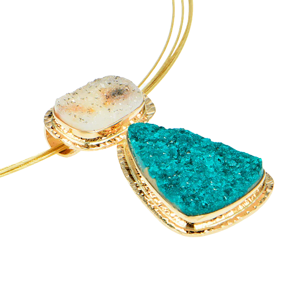 Drusy Dioptase and Speckled White Drusy Quartz Cabochon Pendant - Image 2