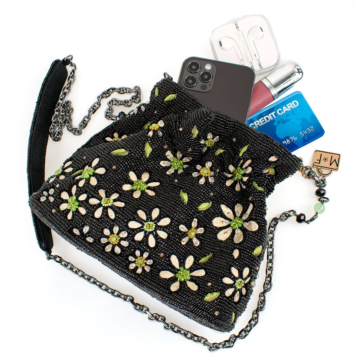 Fancy Free Beaded and Embroidered Bucket Crossbody Handbag - Image 8