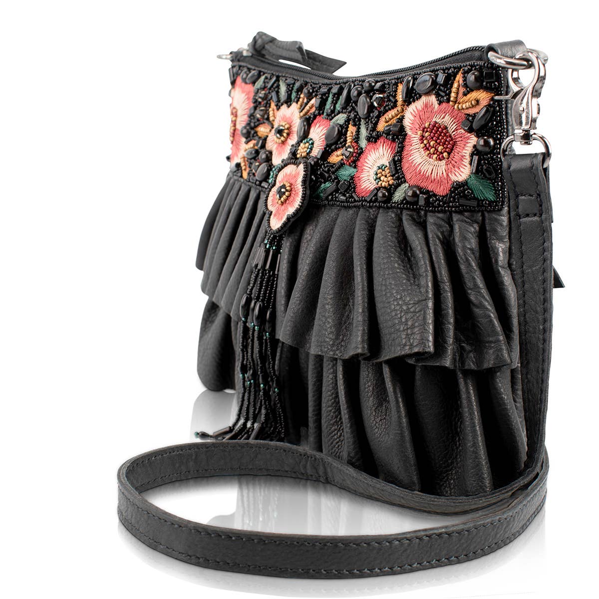 Floral Flair Black Embroidered Ruffle Handbag - Image 3