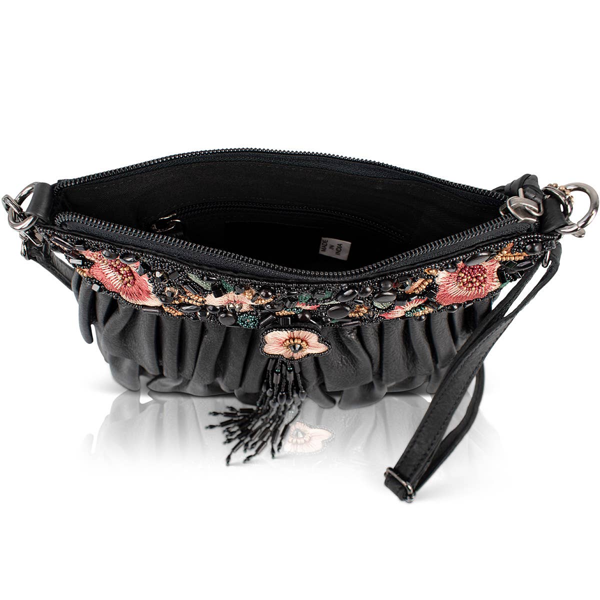 Floral Flair Black Embroidered Ruffle Handbag - Image 5