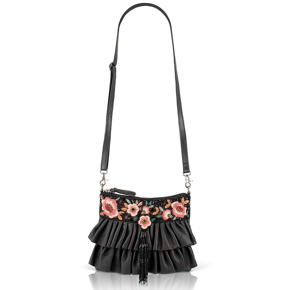 Floral Flair Black Embroidered Ruffle Handbag - Image 6