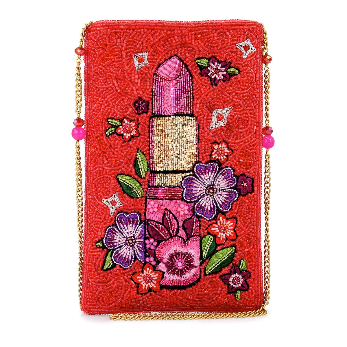 Glamour Girl Pink Lipstick Red Beaded Crossbody Phone Bag