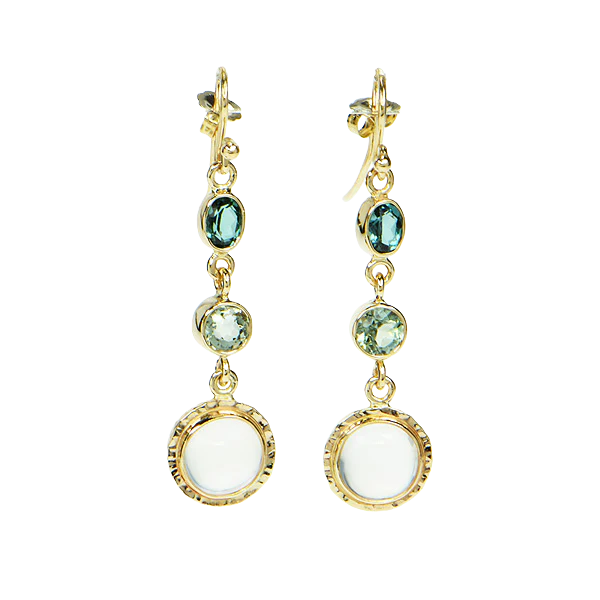 Green Tourmaline Faceted and Ceylon Moonstone Cabochon Earrings