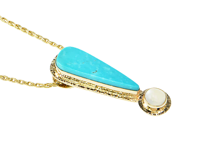 Kingman Turquoise and Ceylon Moonstone Cabochon Pendant - Image 2