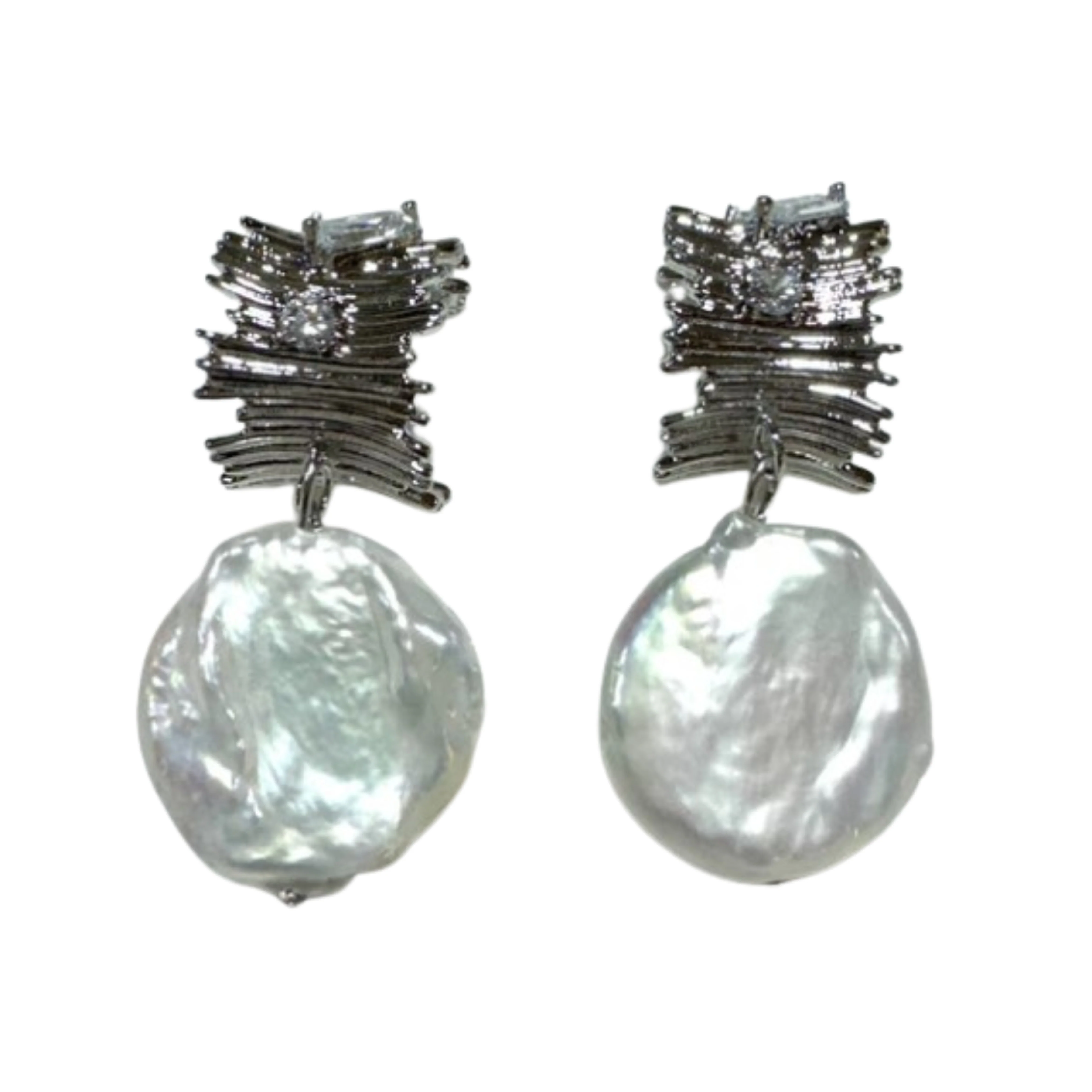 Twig Hoop with CZ and Drop Coin Pearl