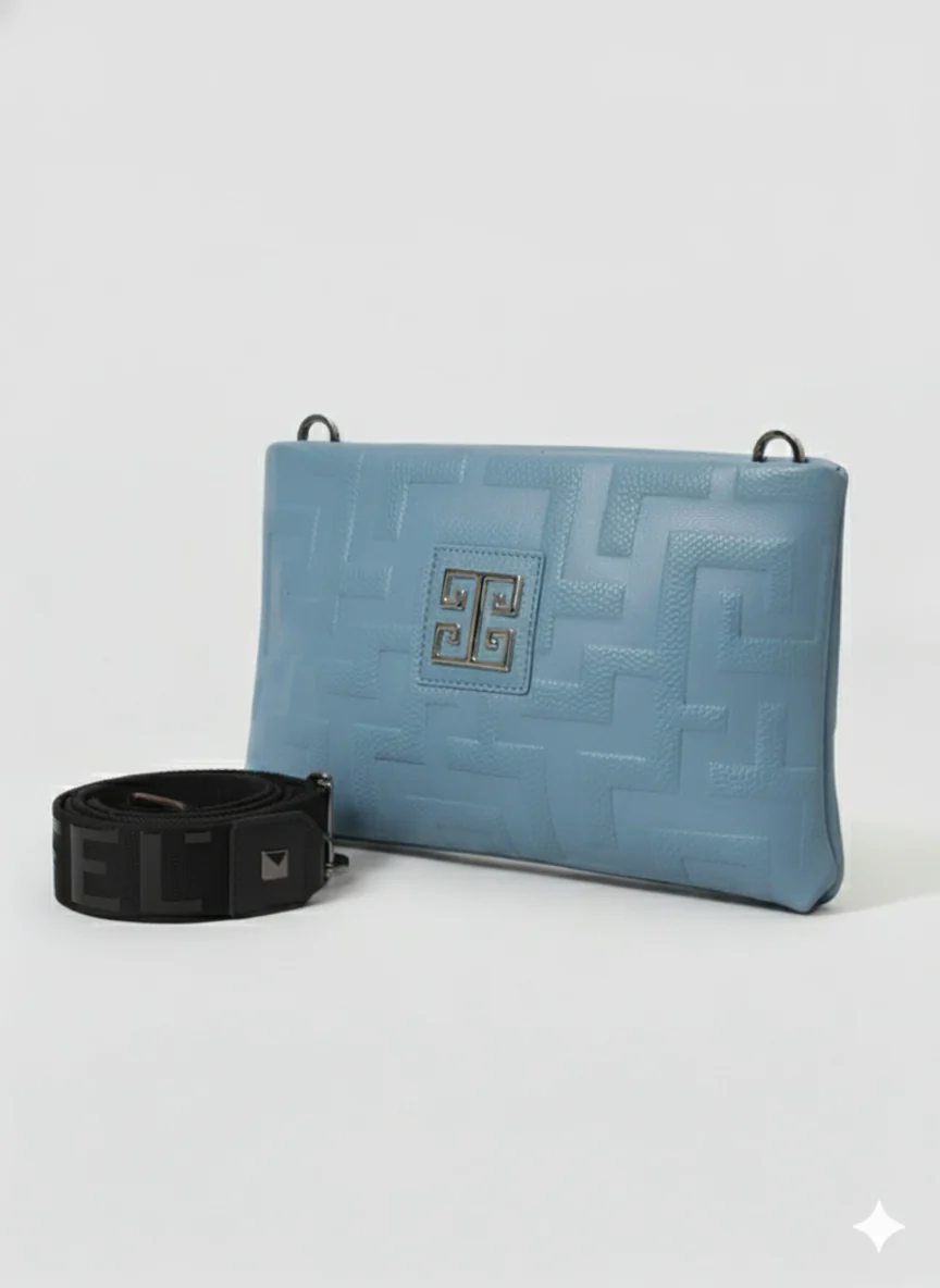 LINA Crossbody Bag – Embossed Premium Leather in Ciel with EL 3D Glossy Strap