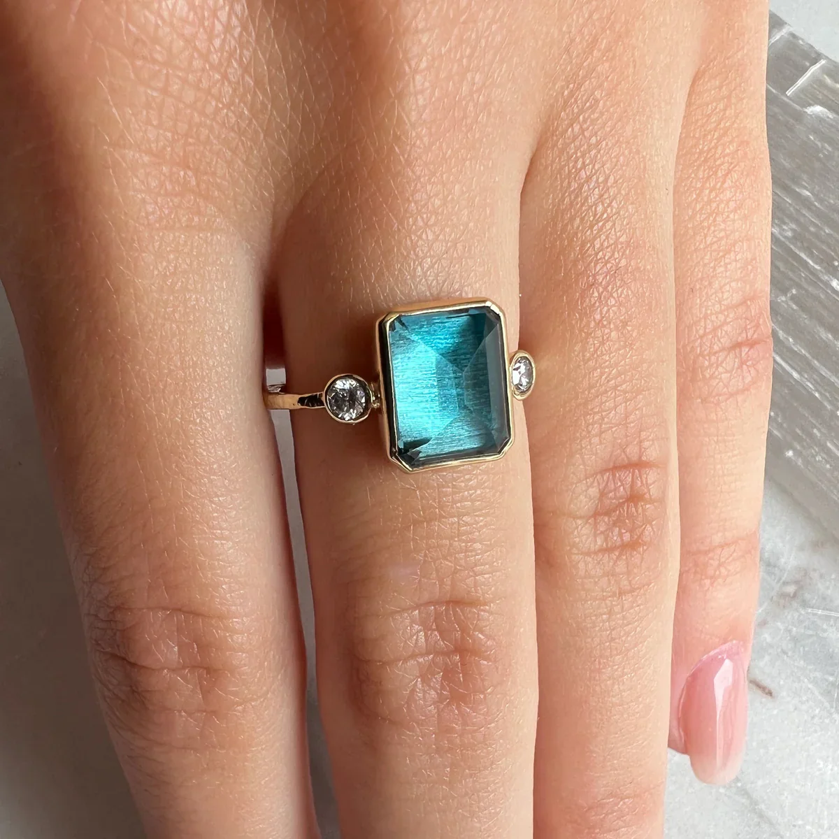 London Blue Topaz Emerald Cut w/ Diamonds Ring - Image 3
