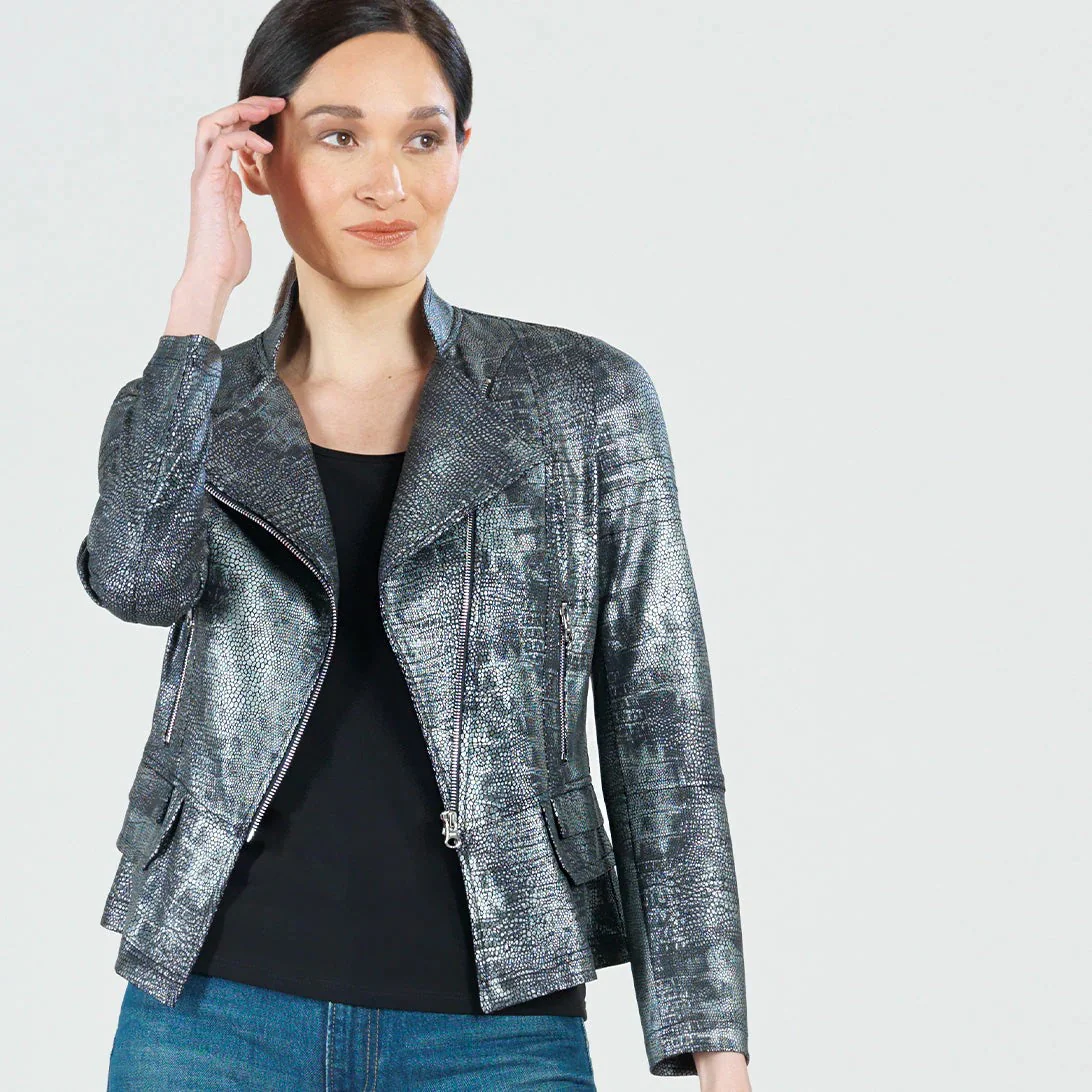 Metallic Liquid Leather Biker Jacket - Gunmetal - Image 2