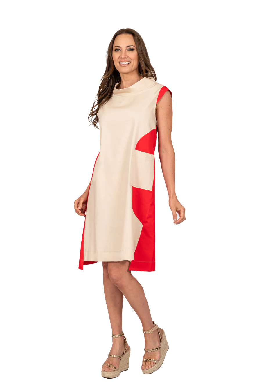 Modern Shift Dress- Tan/Red