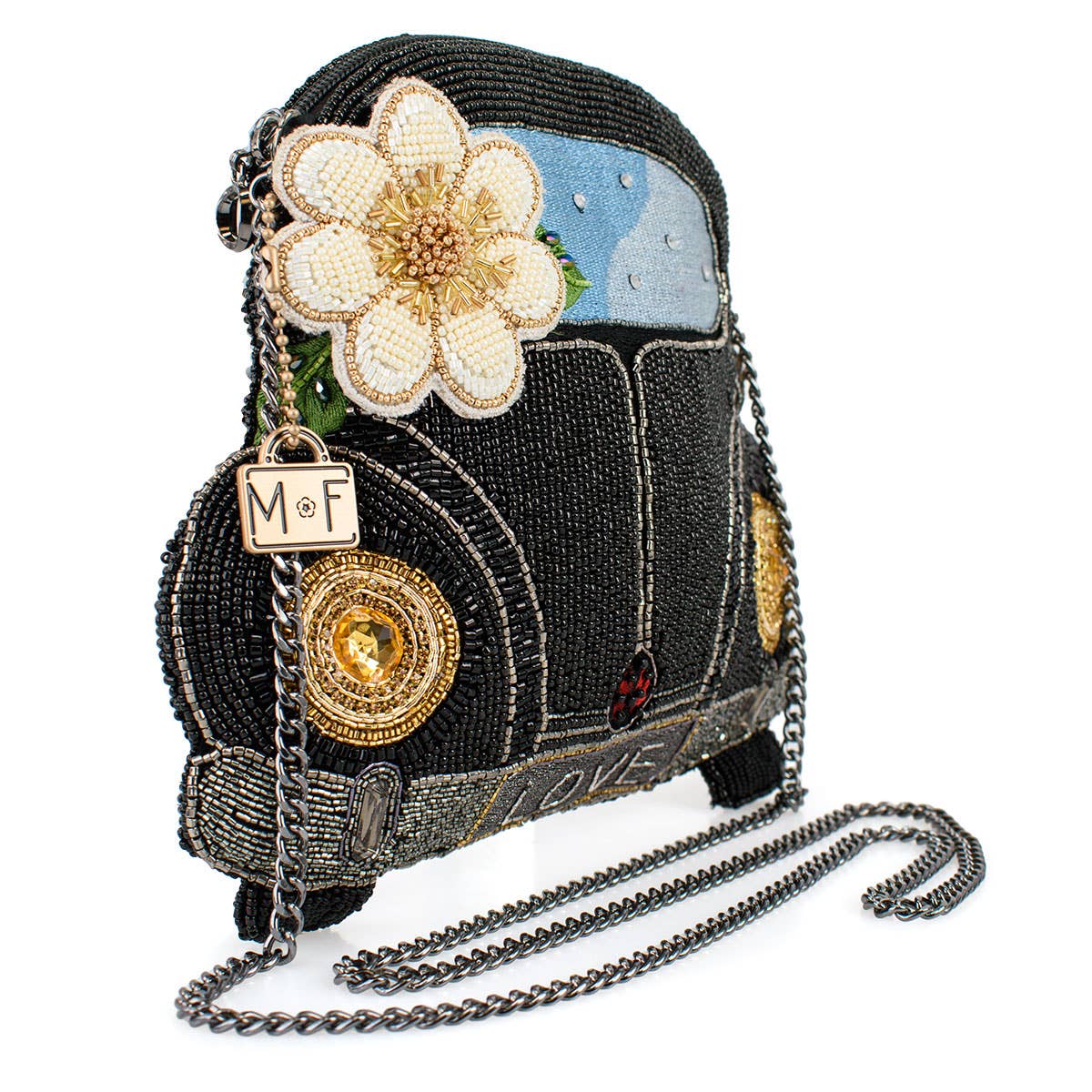 On the Road Black Car White Flower Beaded Crossbody Handbag - Image 3