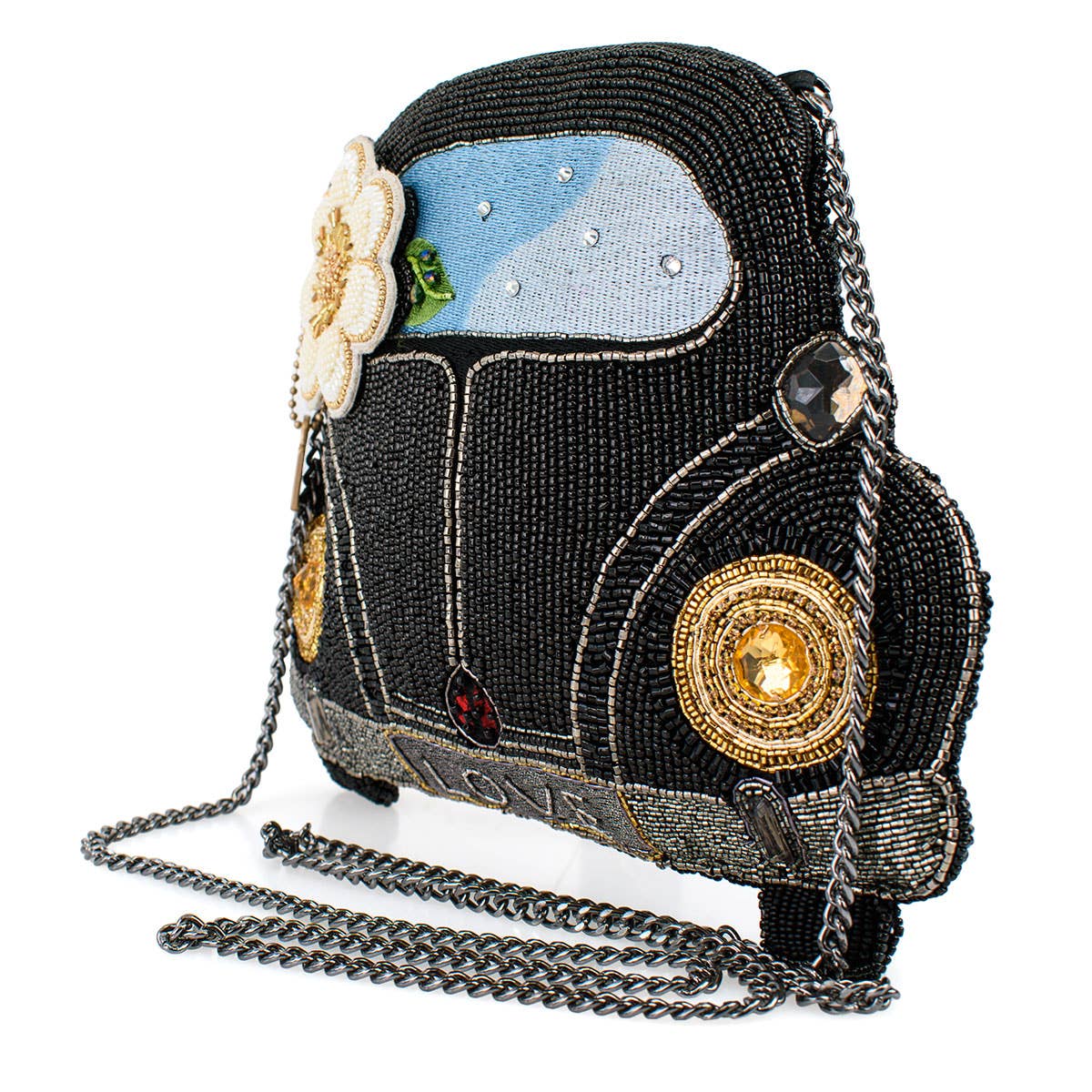 On the Road Black Car White Flower Beaded Crossbody Handbag - Image 4