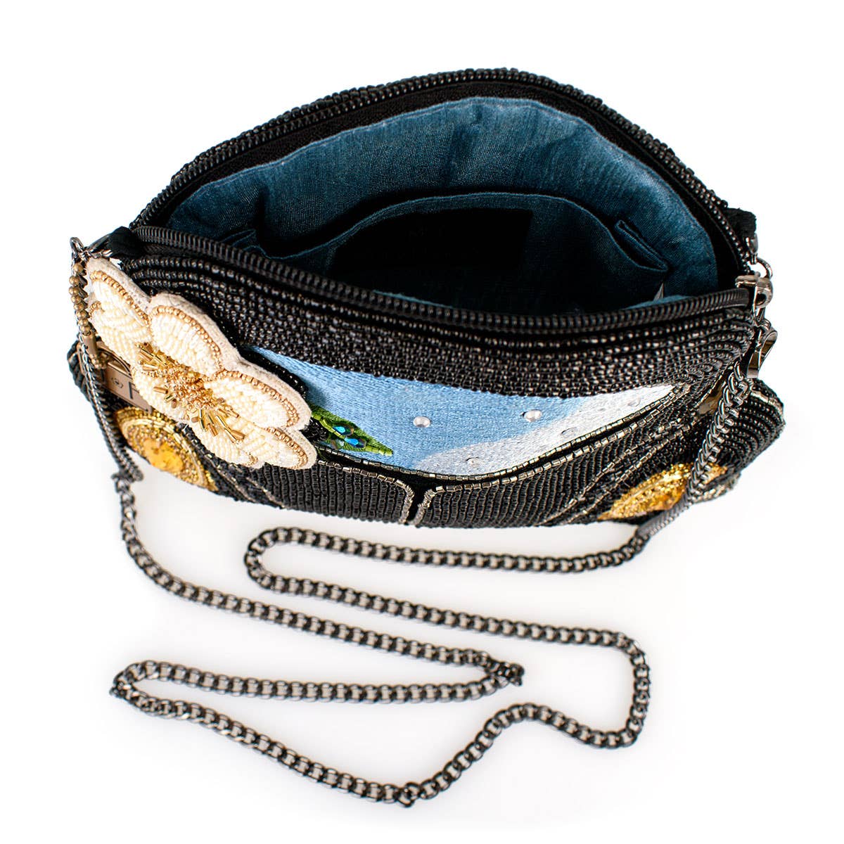 On the Road Black Car White Flower Beaded Crossbody Handbag - Image 5