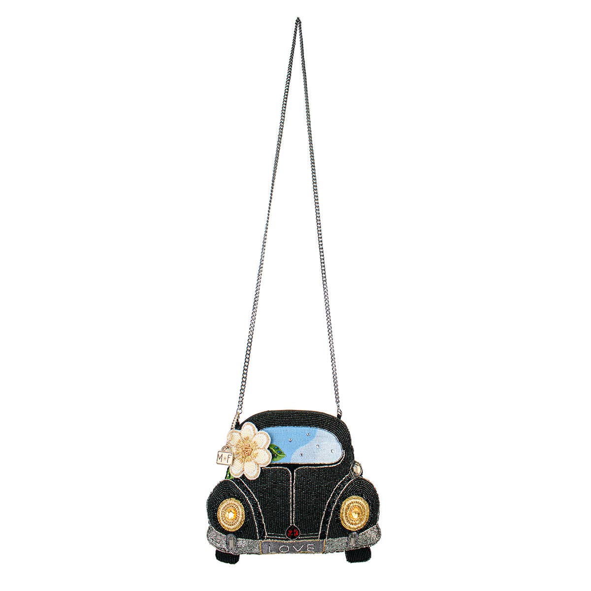 On the Road Black Car White Flower Beaded Crossbody Handbag - Image 6