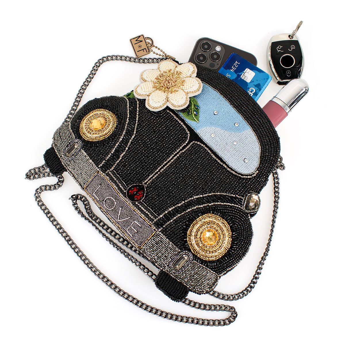 On the Road Black Car White Flower Beaded Crossbody Handbag - Image 8
