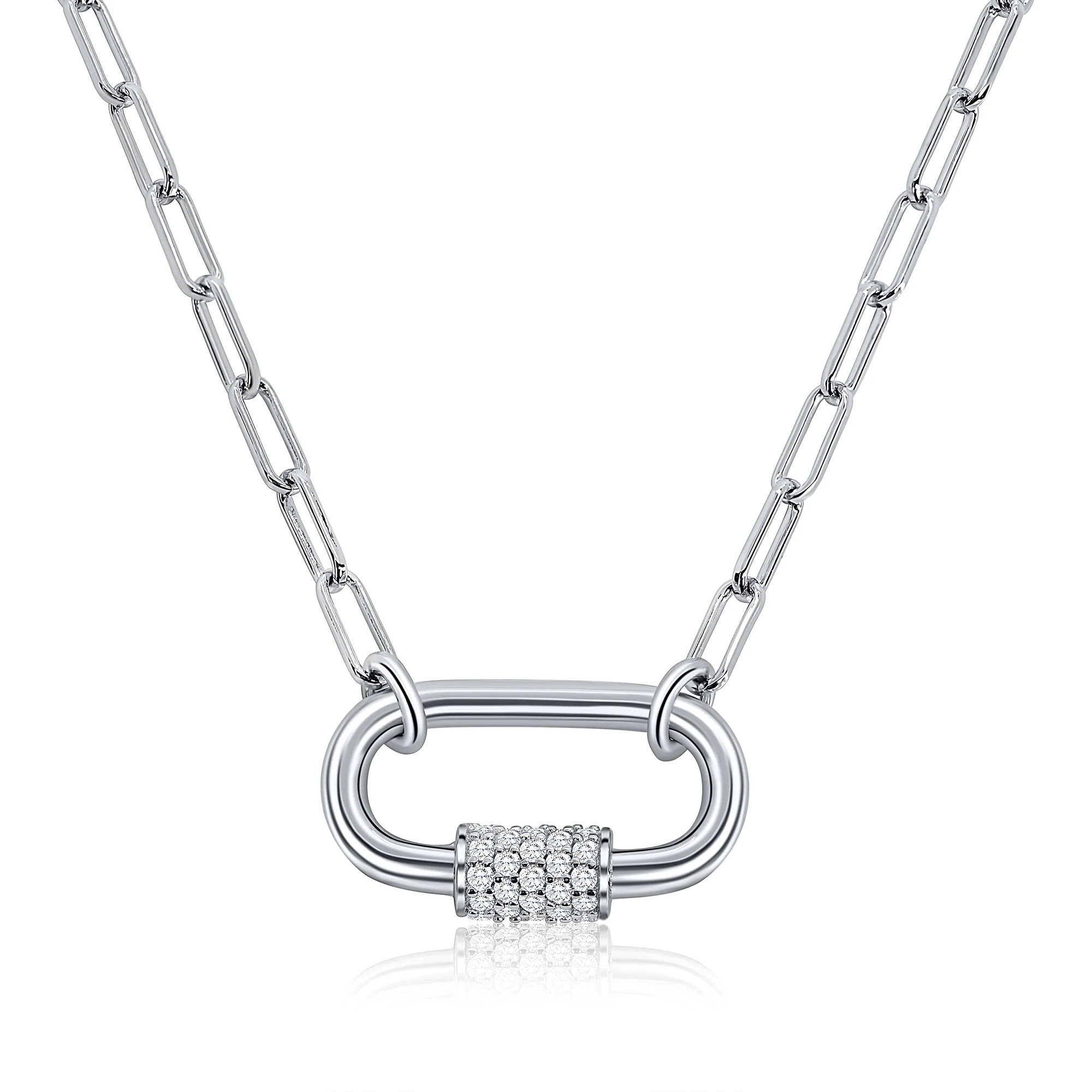 Paperclip Pave Lock Necklace - Silver