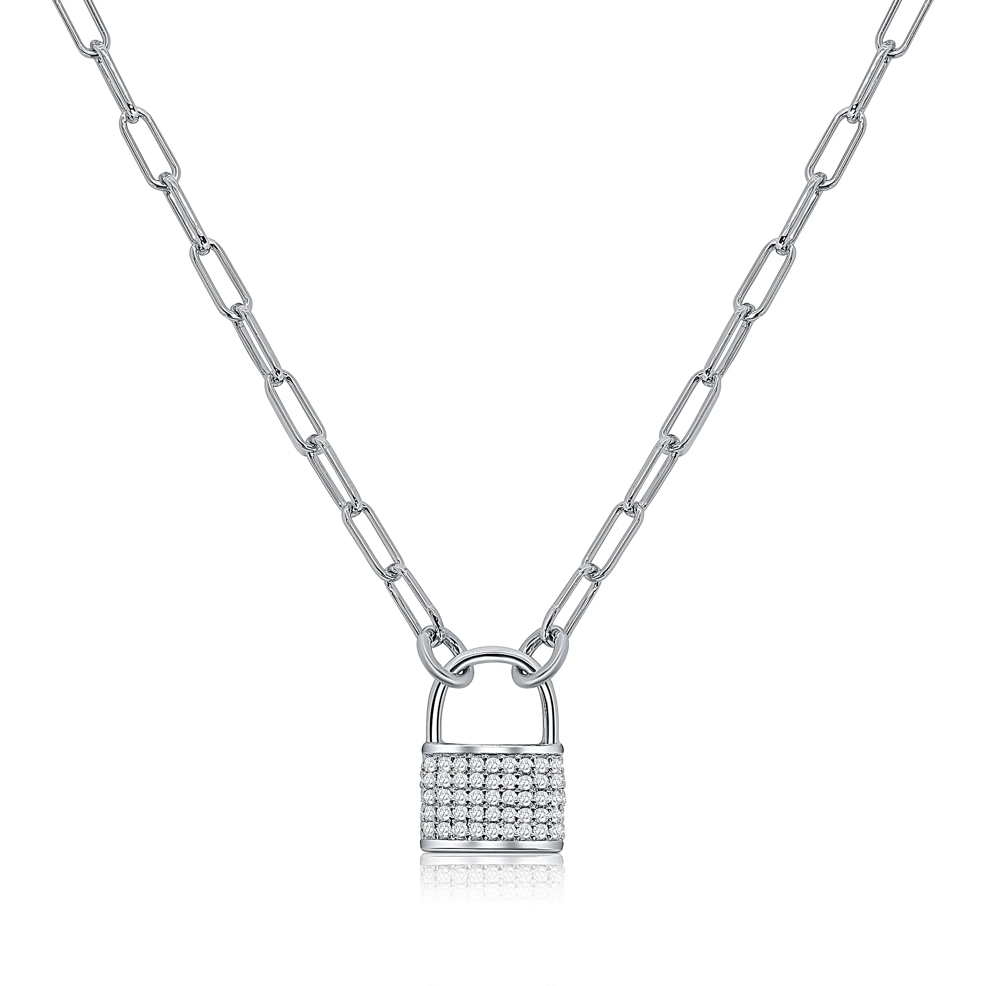 Pave Lock Paperclip Necklace - Silver