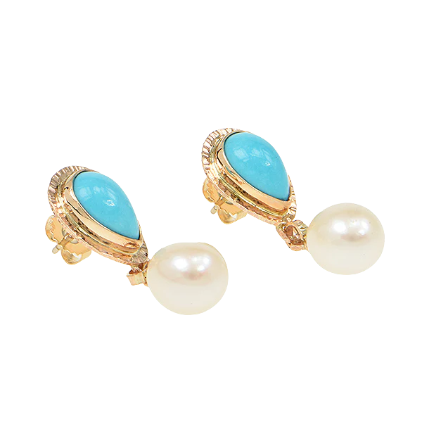 Persian Turquoise and Pearl Drop Cabochon Earrings - Image 2