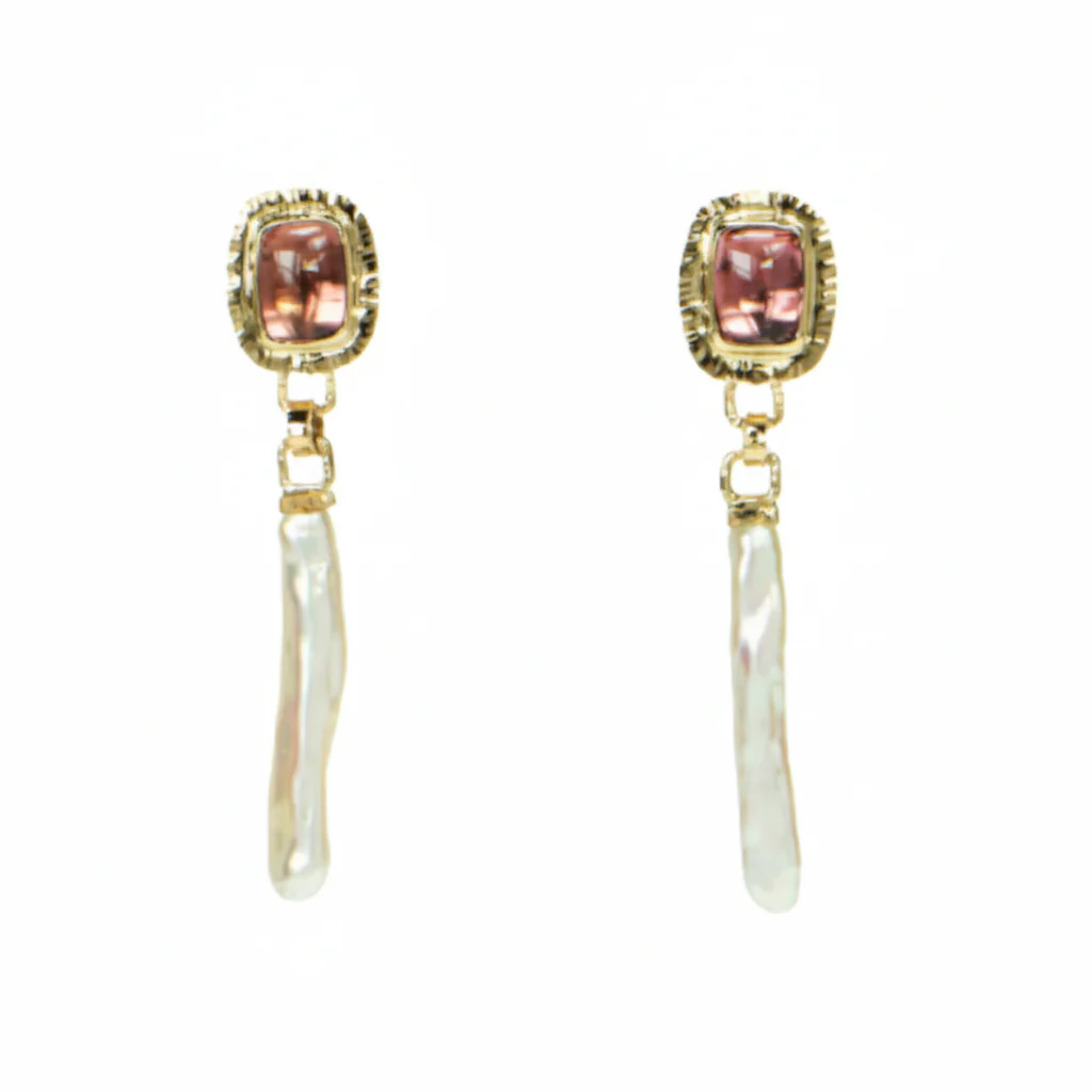 Pink Tourmaline & Stick Pearl Earrings