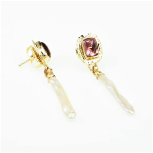 Pink Tourmaline & Stick Pearl Earrings - Image 2