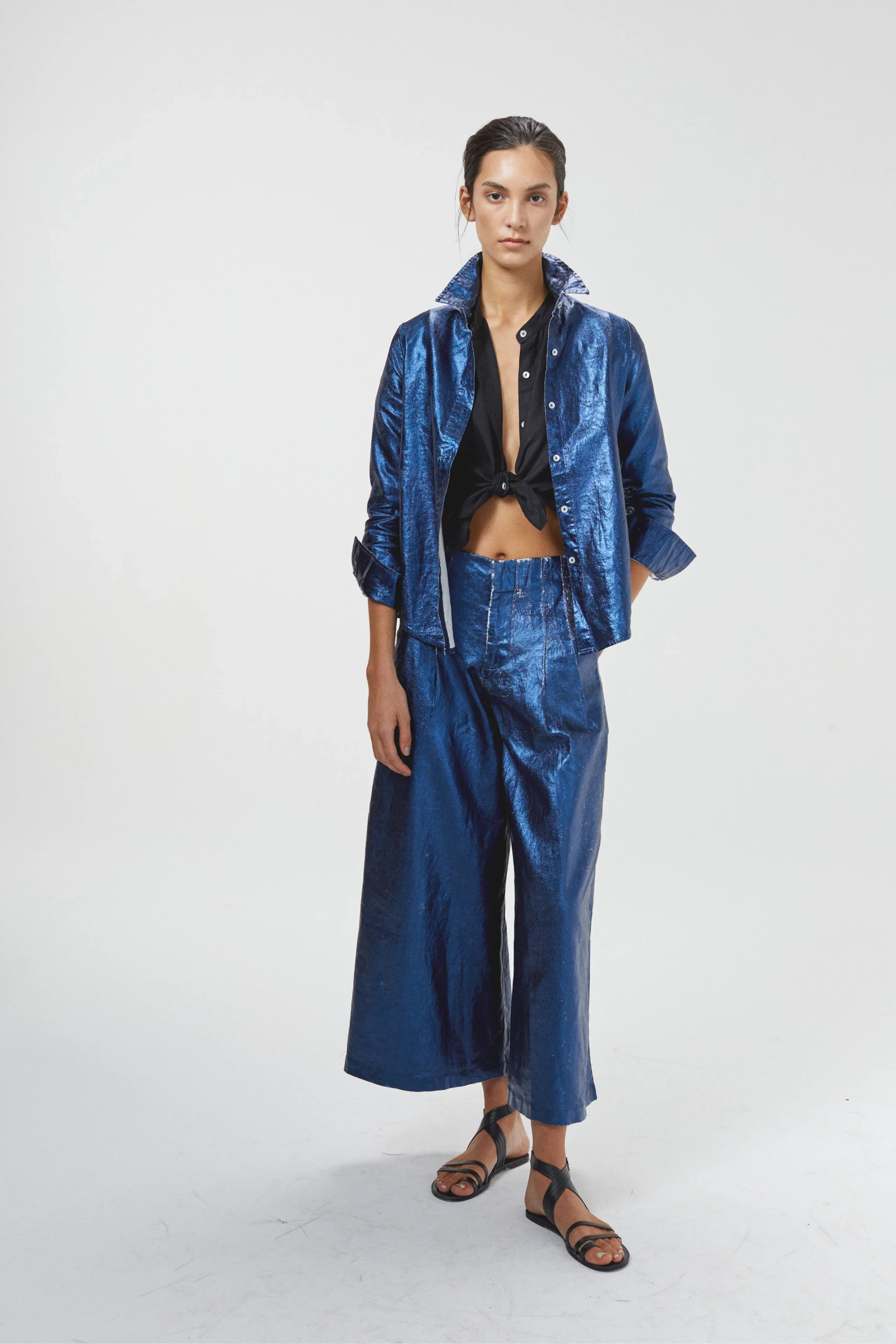 San Marino Metallic Linen Shirt- Dark Blue