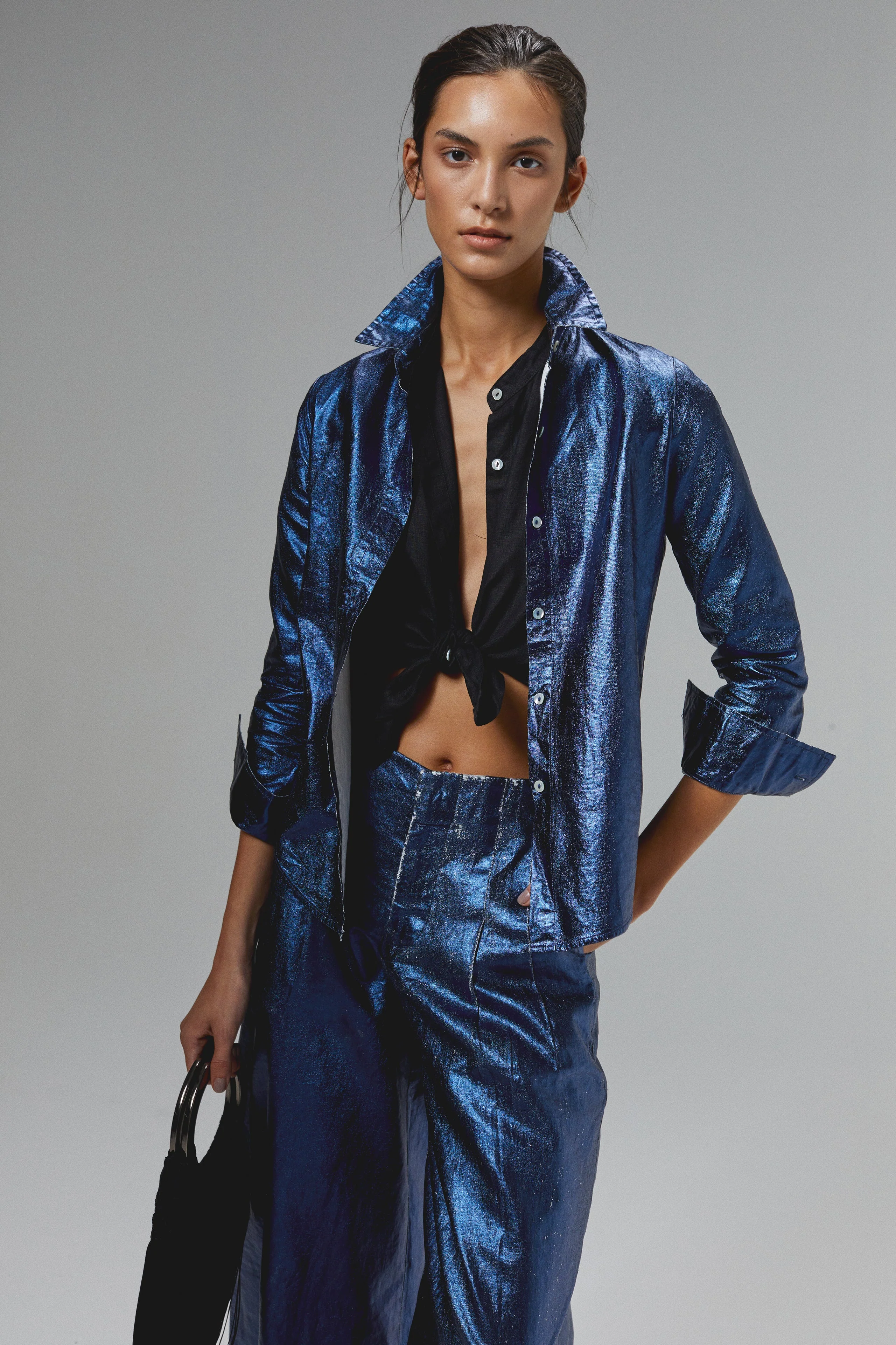 San Marino Metallic Linen Shirt- Dark Blue - Image 2