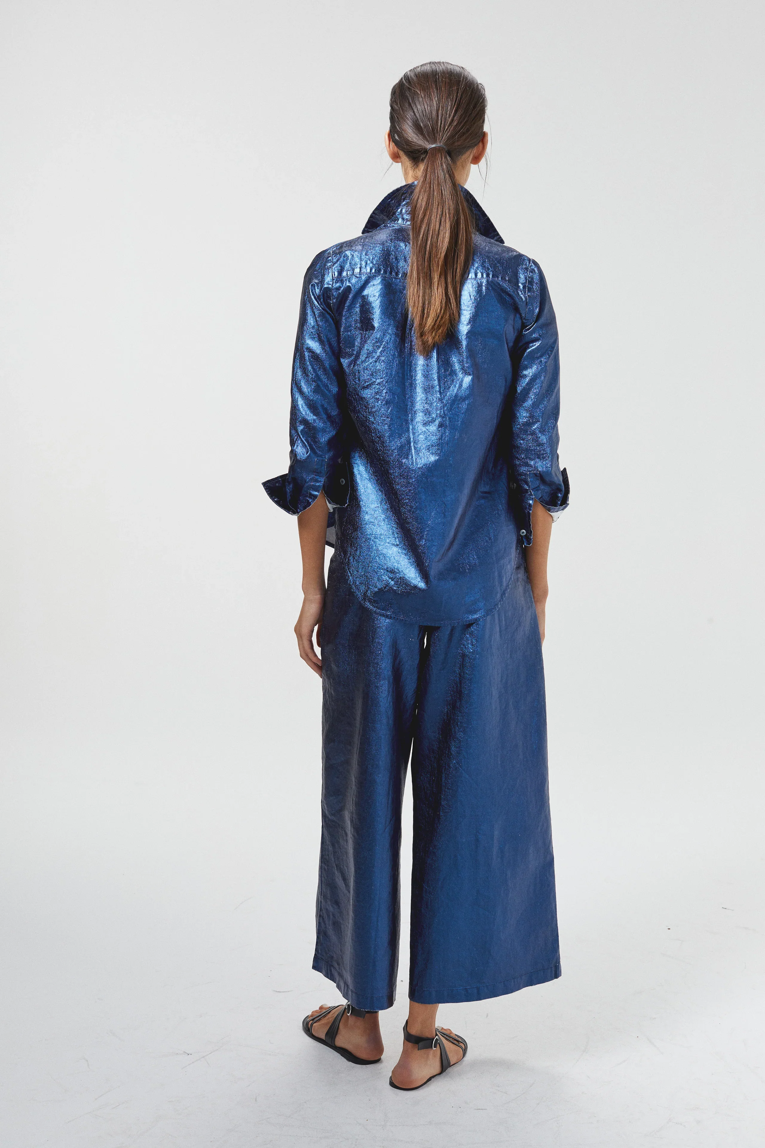 San Marino Metallic Linen Shirt- Dark Blue - Image 4