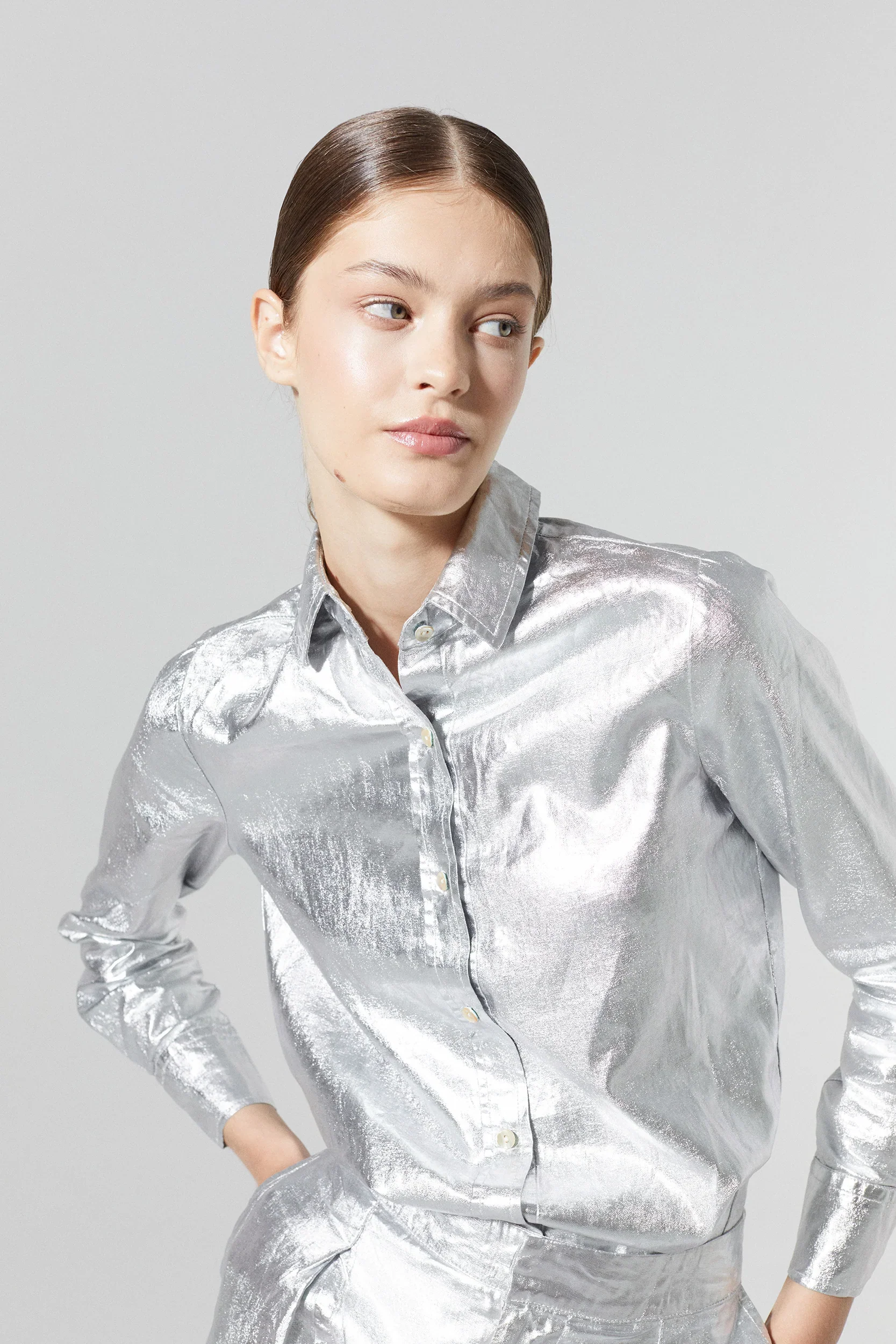 San Marino Metallic Linen Shirt- Silver - Image 3