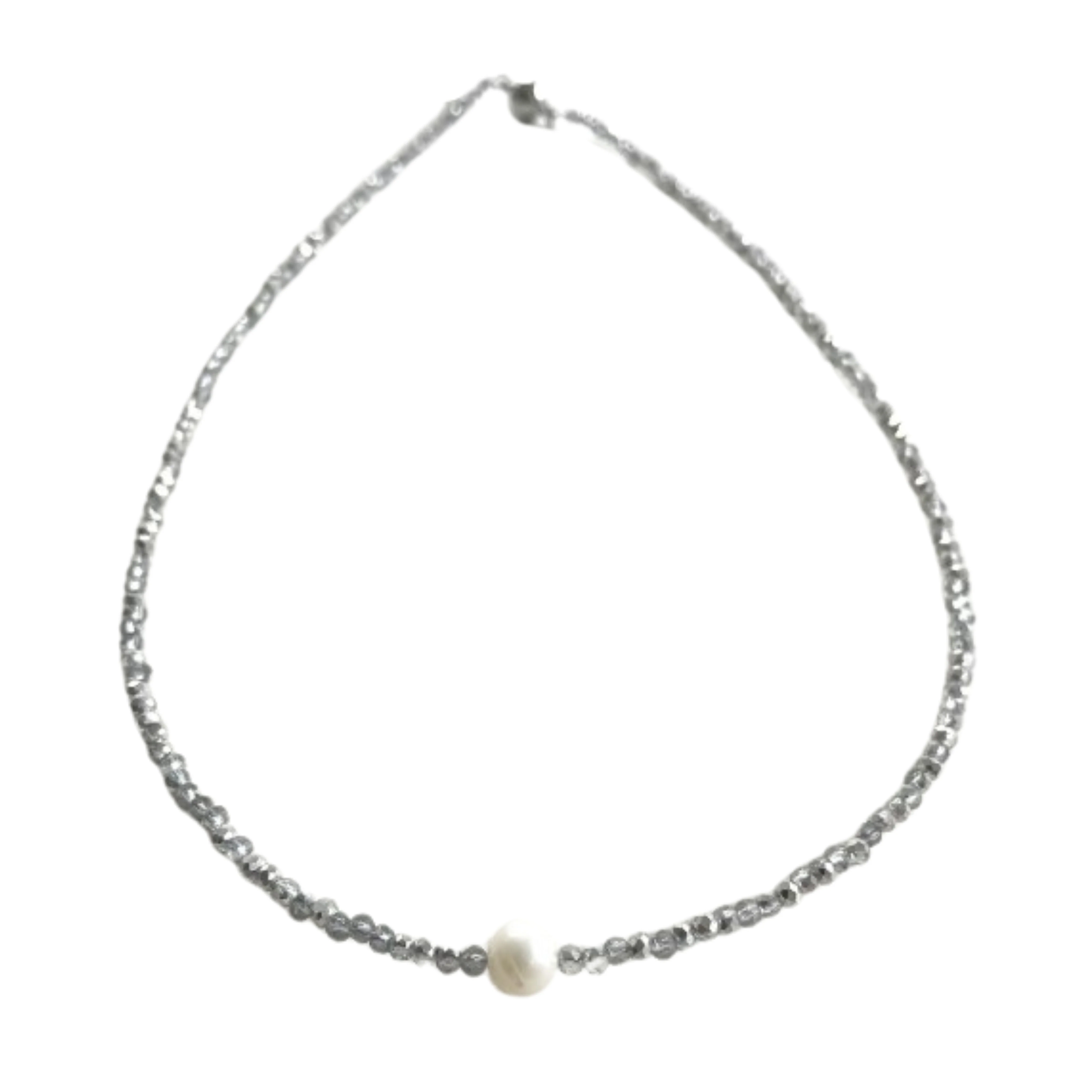 Ice Blue Crystal Beaded Necklace with Pearl Center