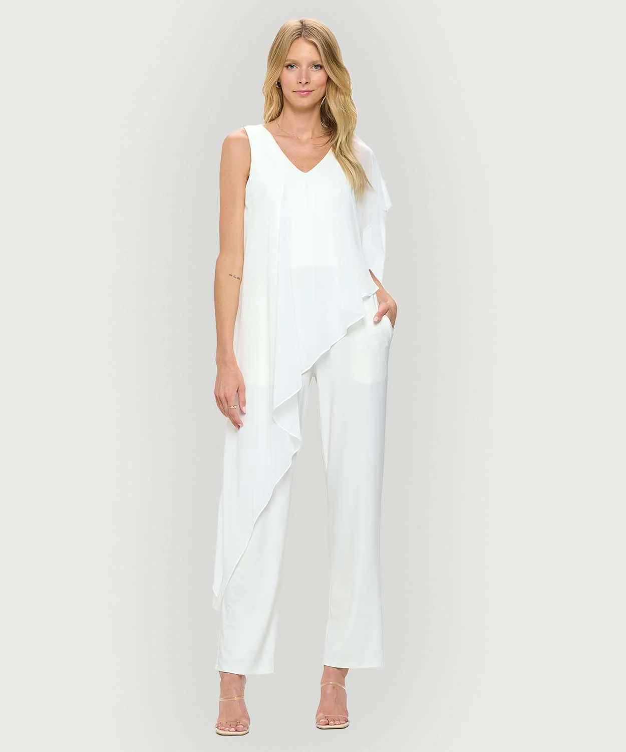 Sleeveless Jumpsuit with Asymmetrical Overlay - Ivory - Image 2
