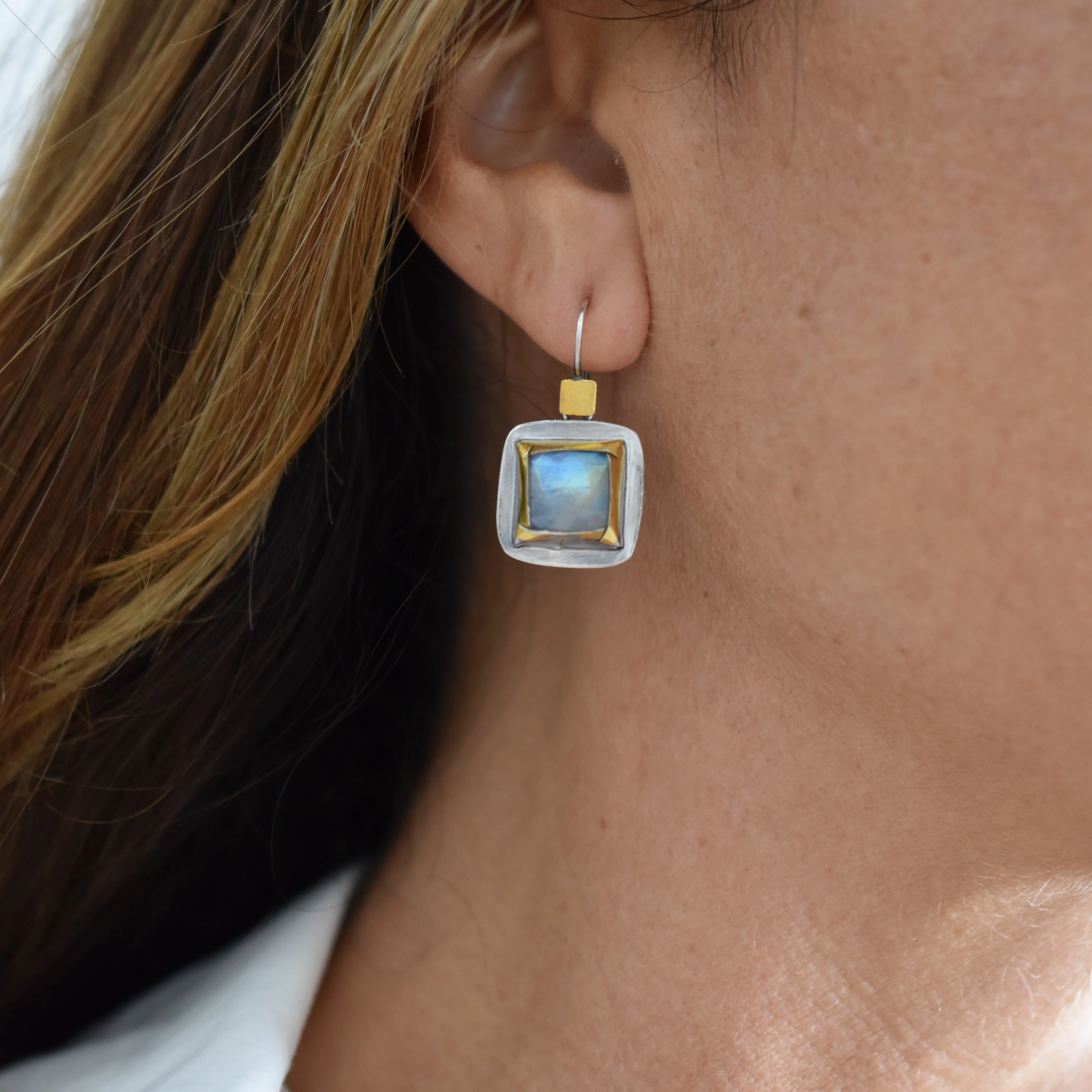 Square Folds Earrings ~ Rainbow Moonstone - Image 3