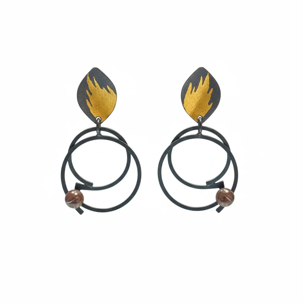 Stud Leaf Circles with Pearl Earrings in Oxidized Silver
