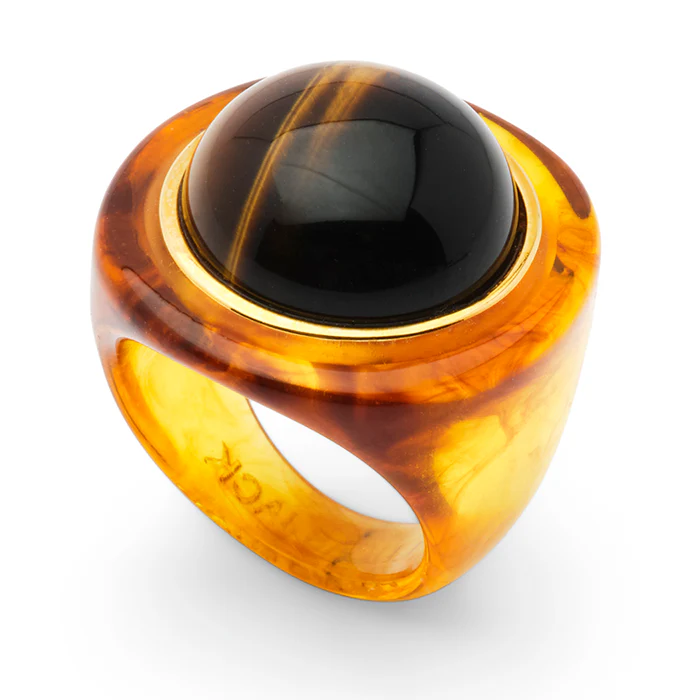 Tortoise Shell and Tigers Eye Round Block Ring