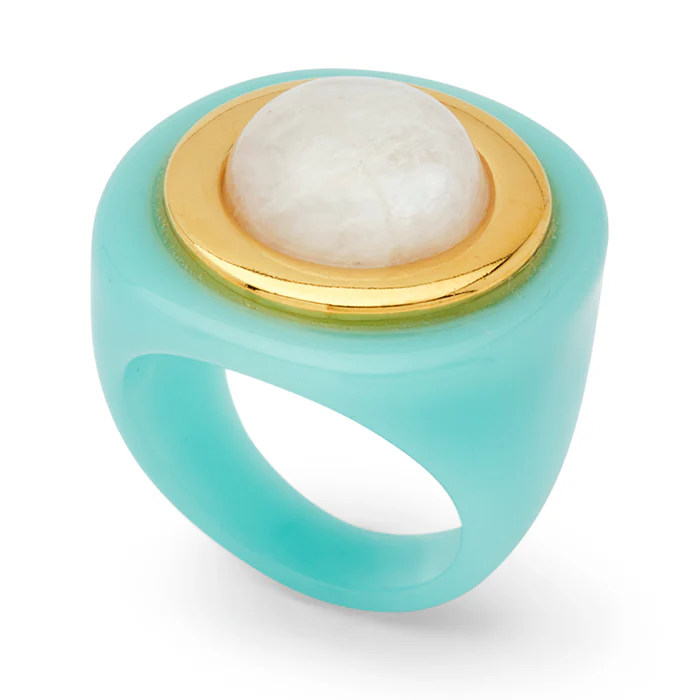 Turquoise Resin and Moonstone Round Block Ring