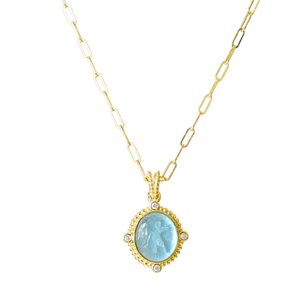 Venetian Glass Angel with Diamonds Necklace - Aqua