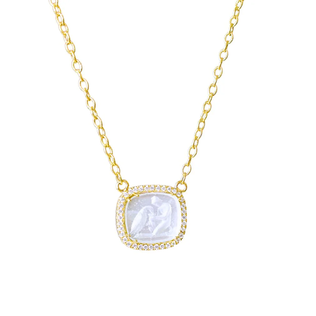Venetian Glass with Diamond Halo Necklace - White